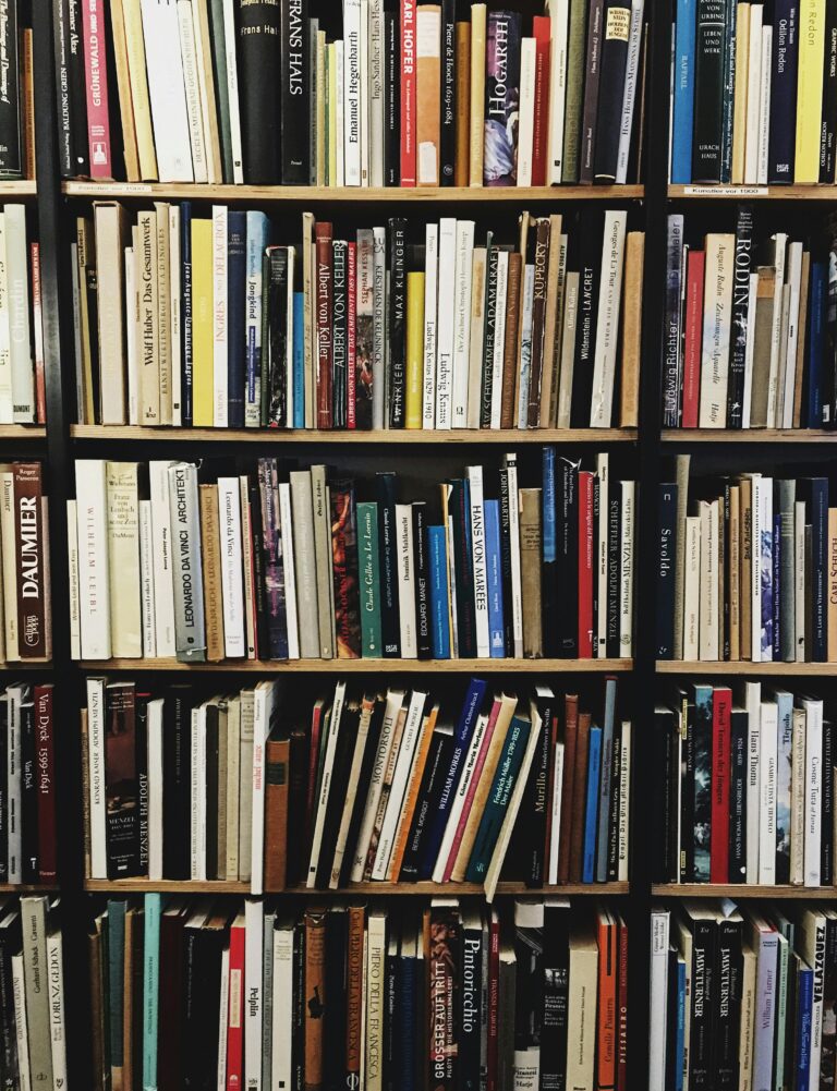 A vibrant bookshelf filled with diverse hardcover books in a cozy library setting.